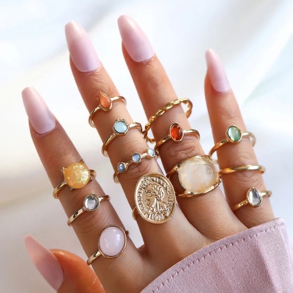**MARNIE* 13-Pc Gold x Multicolor Gem Fashion Ring Set - Picture 1 of 5
